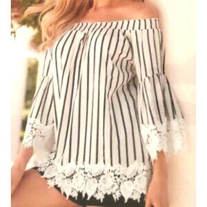 MUCHE MUCHETTE- WOMENS WHITE/BLACK STRIPPED OFF THE SHOULDER TOP SIZE XS-S -NWOT